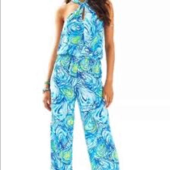 Lilly Pulitzer Pants & Jumpsuits Htf Lilly Pulitzer Large Emmy Jumpsuit Sparkling Blue Oh